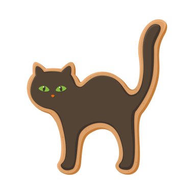 Beyaz arka planda izole edilmiş zencefilli siyah kedi kurabiyesi. Cadılar Bayramı pastaları. Vektör çizgi film düz illüstrasyon.