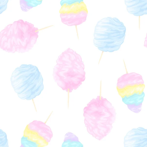 五彩缤纷的棉花糖无缝图案 白色背景下粉色 蓝色和彩虹棉花糖的矢量卡通画 — 图库矢量图片