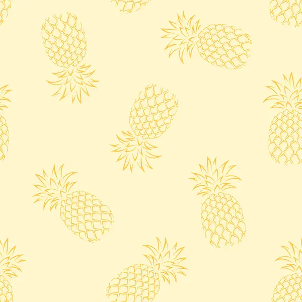 Pineapples Yellow Background Line Art Vector Illustration Tropical Fruits Seamless — Stock Vector