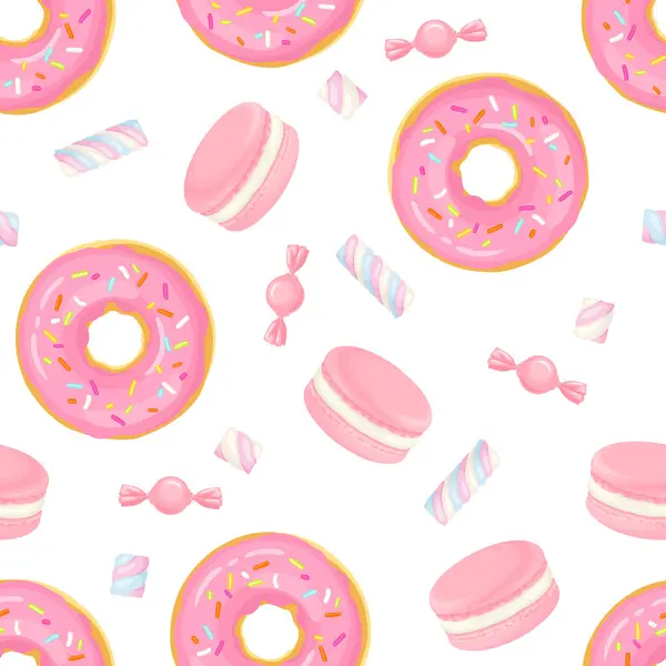 Padrão Sem Costura Doces Rosa Desenho Animado Vetorial Ilustração Donut — Vetor de Stock