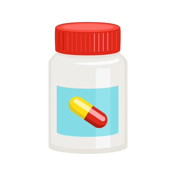 Bottiglia Medicinale Sfondo Bianco Vettoriale Fumetto Illustrazione Piatta Della Pillola — Vettoriale Stock