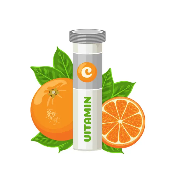 Compresse Vitamina Tubo Frutta Arancione Illustrazione Del Cartone Animato Vettoriale — Vettoriale Stock