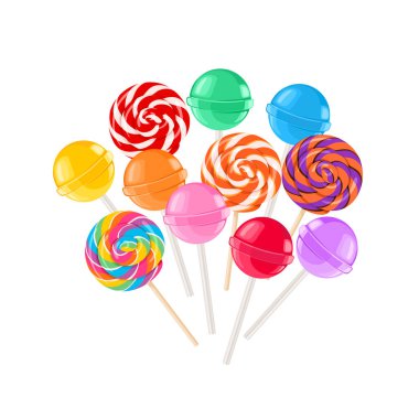 Çubukta renkli lolipoplar. Beyaz üzerine izole edilmiş parlak tatlı şekerler. Vektör çizgi film düz illüstrasyon. 