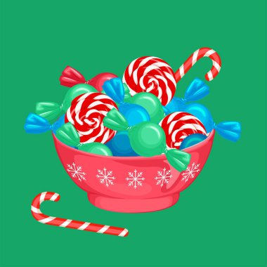 Yeşil arka planda kırmızı kasede Noel şekeri. Şekerlerin vektör karikatür çizimi.