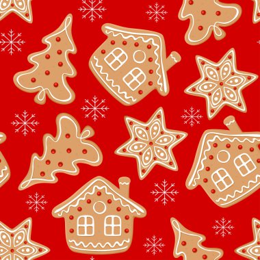 Kırmızı zemin üzerinde zencefilli kurabiye ve kar taneleri olan kusursuz bir Noel deseni. Vektör çizgi film illüstrasyonu.