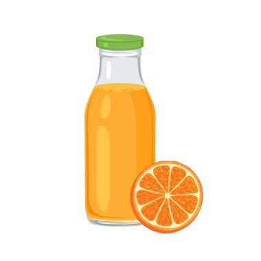 Şişede portakal suyu ve beyaz arka planda izole edilmiş turunçgil dilimi. Taze meyve içeceğinin vektör çizimi.