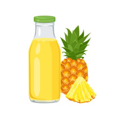 Beyaz arka planda izole edilmiş şişedeki ananas suyu. Taze tropikal meyve içeceğinin vektör çizimi.