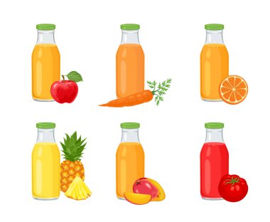Cam sette meyve ve sebze suyu. Portakal, domates, havuç, elma, mango ve ananas içeceğinin vektör çizimi.