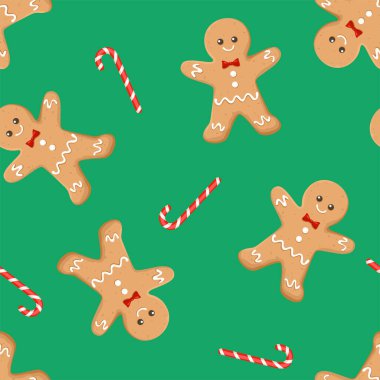 Zencefilli adam ve yeşil arka planda şeker kamışı. Kusursuz bir Noel deseni. Vektör çizgi film illüstrasyonu.