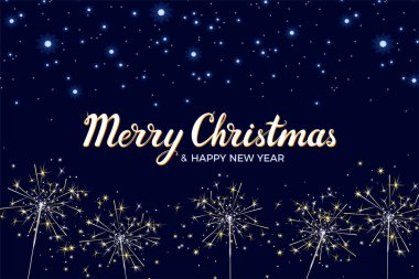 Parlak maytaplı ve yıldızlı gökyüzü olan tebrik kartı. Mutlu Noeller ve karanlık arka planda yeni yılınız kutlu olsun. Vektör çizgi film düz illüstrasyon. 