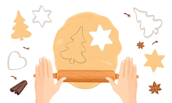 Випічка Різдвяного Печива Руки Роблять Тісто Пряників Форма Різання Пряників — стоковий вектор