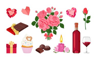 Sevgililer Günü 'nü kutluyoruz. Şenlikli akşam yemeği, aşk ve ilişkiler konulu vektör karikatür çizimleri.