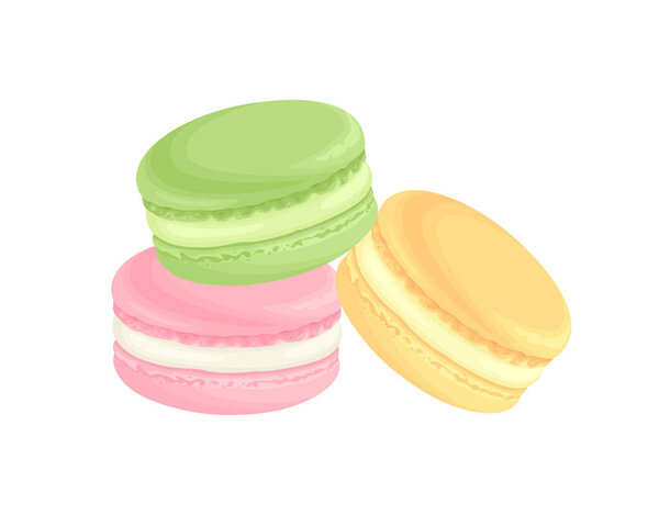 Colorful french macarons isolated on white. Vector cartoon illustration of sweet dessert.