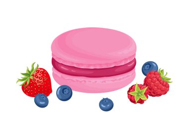 Böğürtlenli pembe kurabiye. Tatlı Fransız tatlısıyla vektör karikatür çizimi.