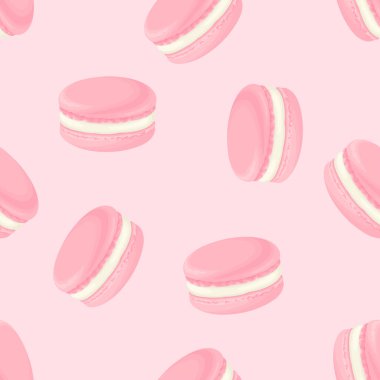 AFrench macaroons on pink background. Sweet food seamless pattern. Vector cartoon illustration. clipart