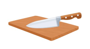 Mutfak bıçağı tahta kesme tahtasının üzerinde. Vektör çizgi film illüstrasyonu. 