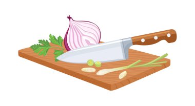 Kesme tahtasında bıçakla dilimlenmiş sebzeler. Yemek pişirme konsepti. Vektör çizgi film illüstrasyonu.