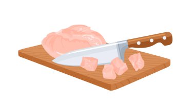 Kesme tahtasında bıçakla dilimlenmiş tavuk eti. Yemek pişirme konsepti. Vektör çizgi film illüstrasyonu.