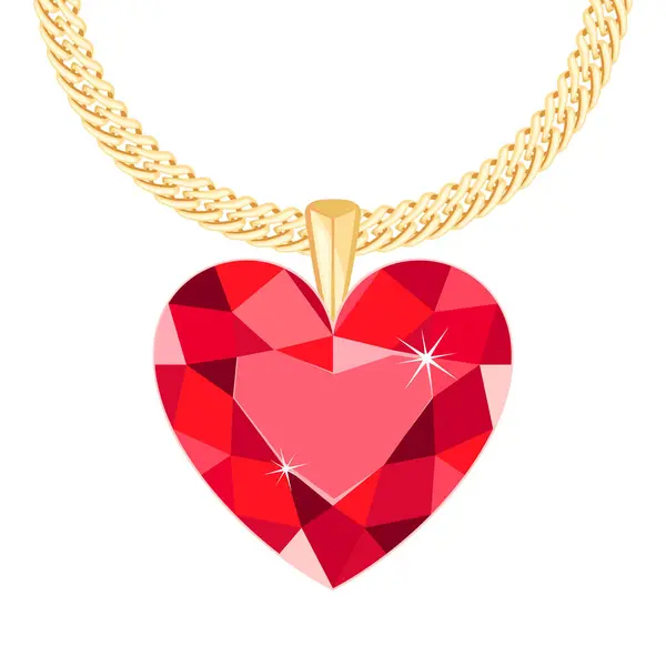 Red Heart Shaped Diamond Gold Chain Beautiful Pendant Vector Illustration — Stock Vector