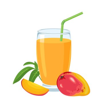 Beyaz arka planda izole edilmiş mango suyu. Tropik meyve suyu. Vektör çizgi film illüstrasyonu.