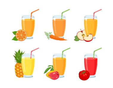 Gözlükteki farklı sıvılar. Sebze ve meyve taze içecekler. Vektör çizgi film illüstrasyonu.