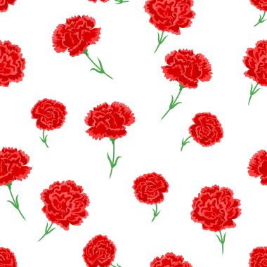 Kırmızı karanfiller pürüzsüz desen. Çiçek vektör geçmişi. Güzel parlak çiçeklerin çizgi film çizimi.
