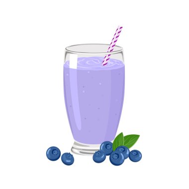 Böğürtlenli smoothie ya da bardakta samanlı milkshake. Meyve içeceğinin vektör çizimi.