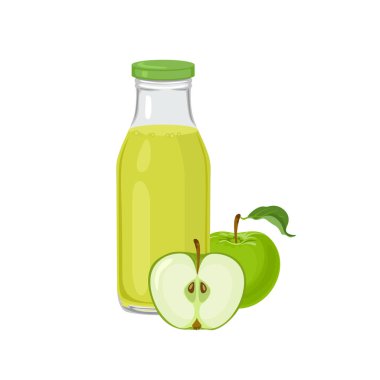 Şişede yeşil elma suyu ve beyaz arka planda yeşil elma suyu. Taze meyve içeceğinin vektör çizimi.