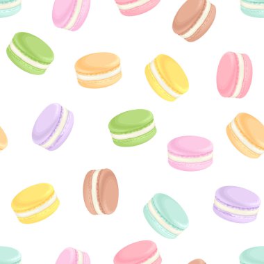 Makarna kurabiyeleri kusursuz desen. Tatlı arka plan. Renkli Fransız tatlısının vektör çizimi. 