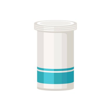 İlaç şişesi beyaz arka planda izole edilmiş. İlaç için plastik konteynırın vektör çizgi filmi düz çizimi.