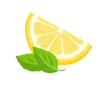 Limon dilimleri ve nane yaprakları, sarı turunçgillerin vektör çizgi film çizimleri. Gıda simgesi.