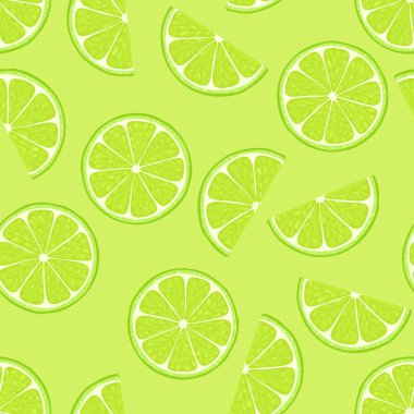 Yeşil arka planda limon dilimleri. Vektör karikatür düz çizim. Taze narenciye meyveli kusursuz desen.