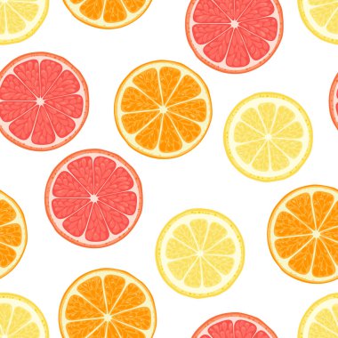  Citrus meyvesi pürüzsüz desen. Limon, portakal ve greyfurt dilimi. Vektör karikatür arka planı..