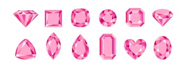 Beyaz arka planda izole edilmiş farklı şekillerde pembe değerli taşlar. Elmas ya da safir kristaller seti. Vektör çizgi film düz illüstrasyon.