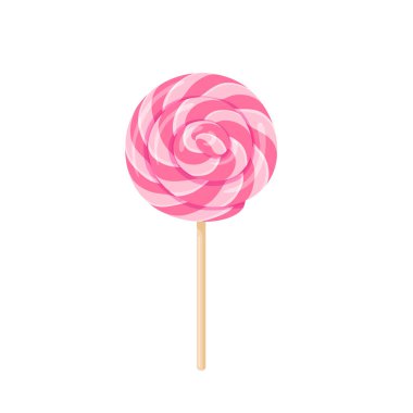 Beyaz arka planda izole edilmiş tahta çubukta pembe lolipop girdabı. Tatlı yuvarlak şekerlerin vektör çizgi filmi düz çizimi.