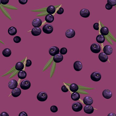 Acai çileği pürüzsüz desen. Vektör karikatür düz çizim. Mor arka planda süper yiyecekler
