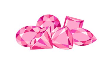 Beyaz arka planda izole edilmiş pembe değerli taşlar yığını. Vektör karikatür düz elmas veya safir kristaller çizimi.