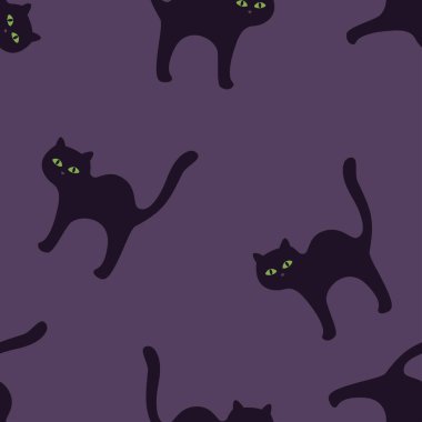 Siyah arka planda kara kediler. Cadılar Bayramı kusursuz. Vektör çizgi film düz illüstrasyon