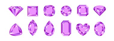 Beyaz arka planda izole edilmiş farklı şekillerde mor değerli taşlar. Ametist kristalleri ayarlandı. Vektör çizgi film düz illüstrasyon.
