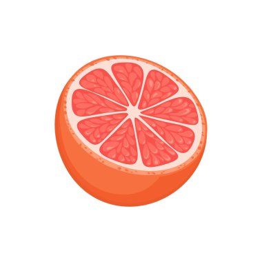 Beyaz arka planda greyfurt kesiği var. Turunçgil meyvesinin vektör çizgi filmi düz çizimi. Gıda simgesi.