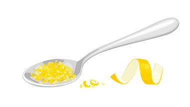 Kaşıkla ızgara limon ve beyaz arka planda izole edilmiş sarı limon kabuğu. Vektör çizgi film düz illüstrasyon. 