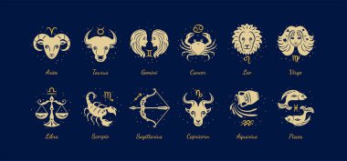 Zodiac işaretleri ayarlandı. Koç, leo, gemini, boğa, akrep, akvaryum, balık, yay, terazi, başak, oğlak ve kanser. Vektör illüstrasyonu. 
