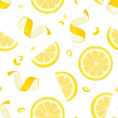 Limon dilimleri ve kusursuz bir desen. Sarı turunçgil meyveli arka plan. Vektör çizgi film illüstrasyonu.