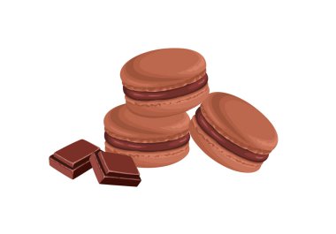 Beyaza izole edilmiş çikolatalı kurabiyeler. Tatlı tatlının vektör çizgi filmi çizimi. Kahverengi Fransız kekleri.