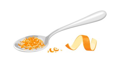 Beyaz arka planda ızgara portakal suyu ve portakal kabuğu kıvrımları var. Vektör çizgi film düz illüstrasyon. 