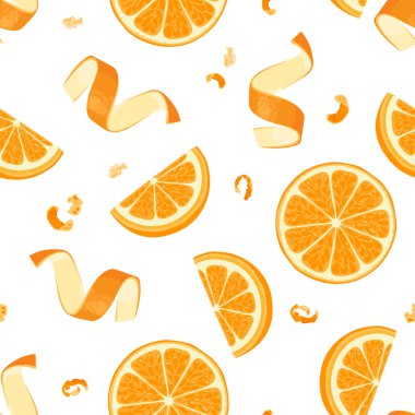 Portakal dilimleri ve kusursuz bir desen. Turunçgil meyveli arka plan. Vektör çizgi film illüstrasyonu.