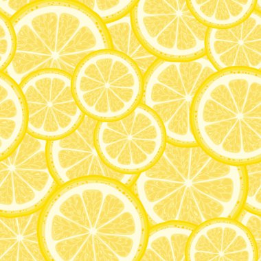 Sarı limon dilimleri dikişsiz desen. Arka planda narenciye meyveleri var. Vektör çizgi film düz illüstrasyon.