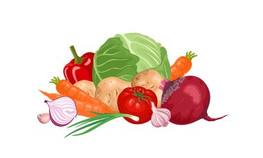 Taze sebze yığını. Lahana, pancar, havuç, soğan, domates, sarımsak, patates ve dolma biberin vektör çizimi. Gıda simgesi.