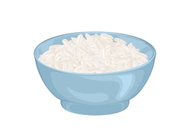 Beyaz arka planda izole edilmiş kase içinde pilav. Vektör karikatür düz çizim. Sağlıklı yiyecek simgesi.