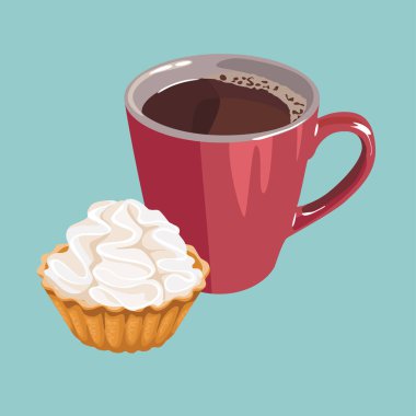 Kahve fincanı ve tatlı kremalı tart. Vektör çizgi film düz illüstrasyon